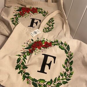 F monogram tote bag Holiday gift bag Christmas Wreath Poinsettia Nantucket bags